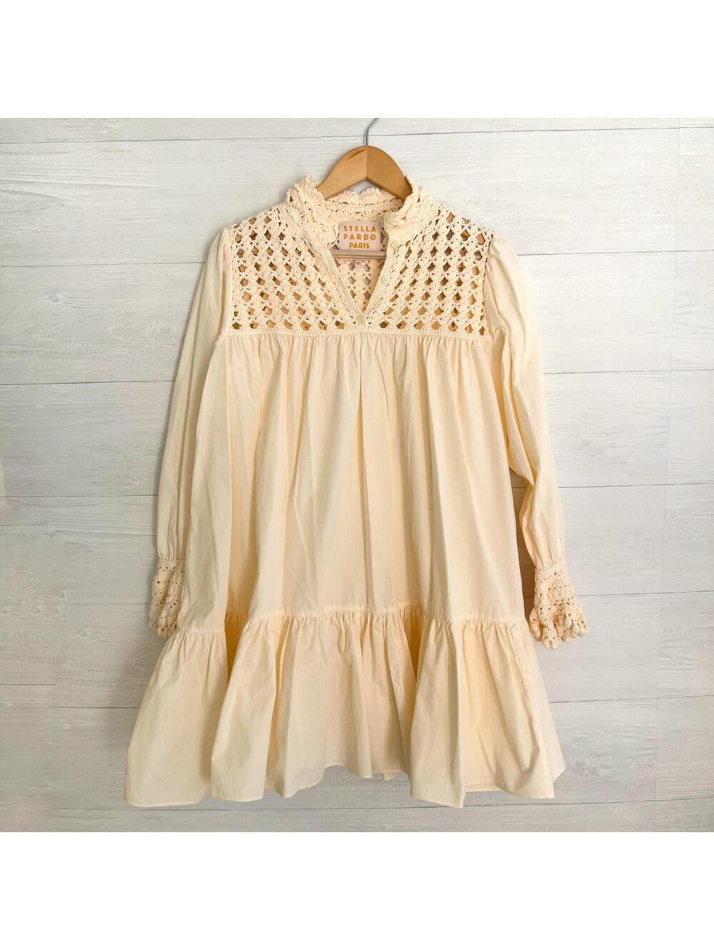 Stella Pardo Paris - Beige crochet tiered swing mini shirt dress, M